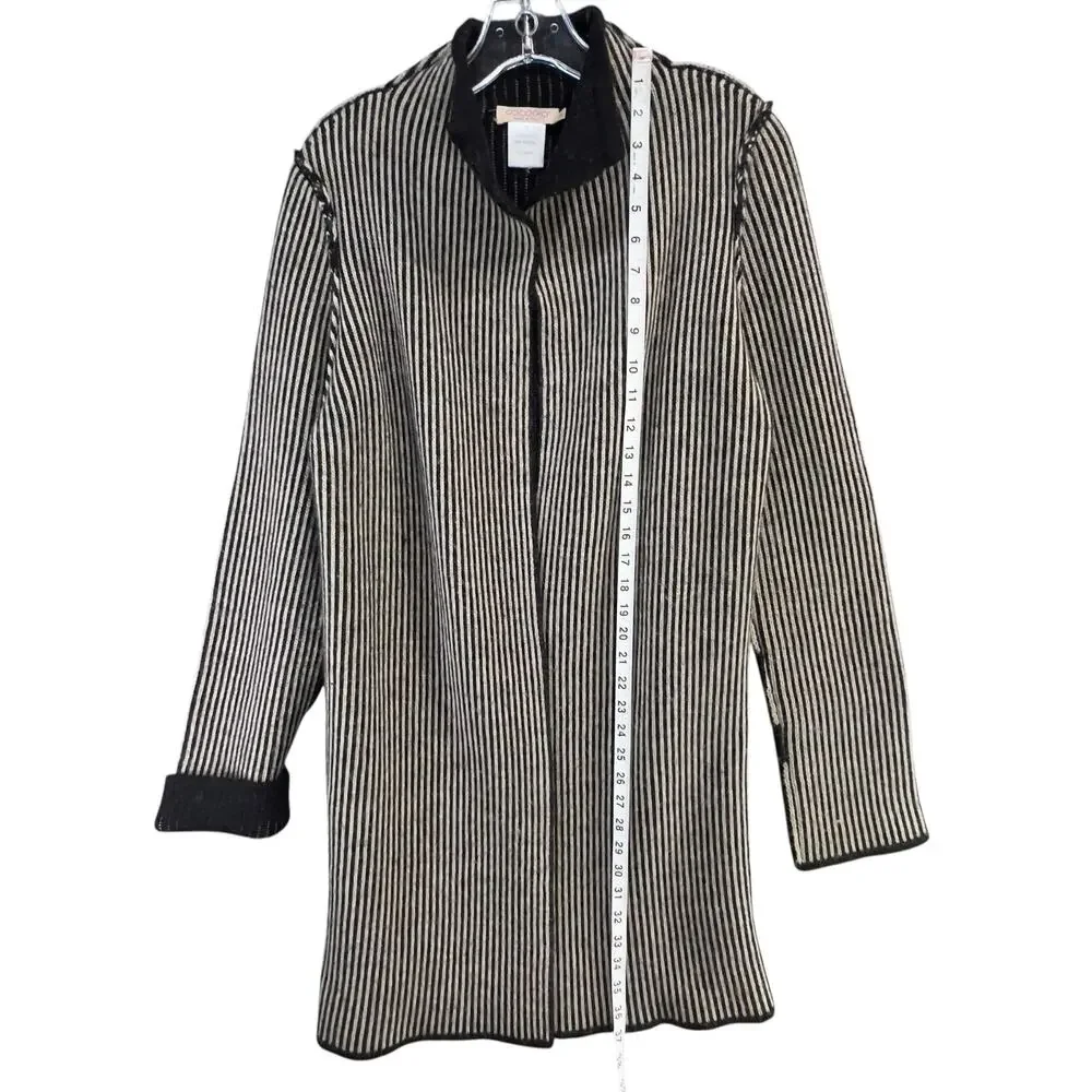 Cocogio Cardigan Sweater M Black‎ Tan Striped Wool Blend Cozy Coatigan Italy
